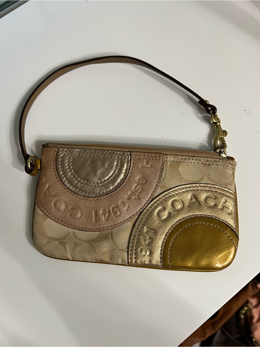 Coach Signature Patchwork Wristlet in Beige, Gold & Rose